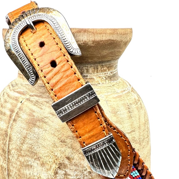 Vintage Hand-Beaded Leather Belt | Boho Western | Braided Leather Patina Buckle main image 8